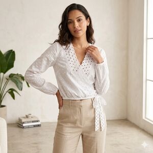 BP White Eyelet Wrap Blouse So,e Small